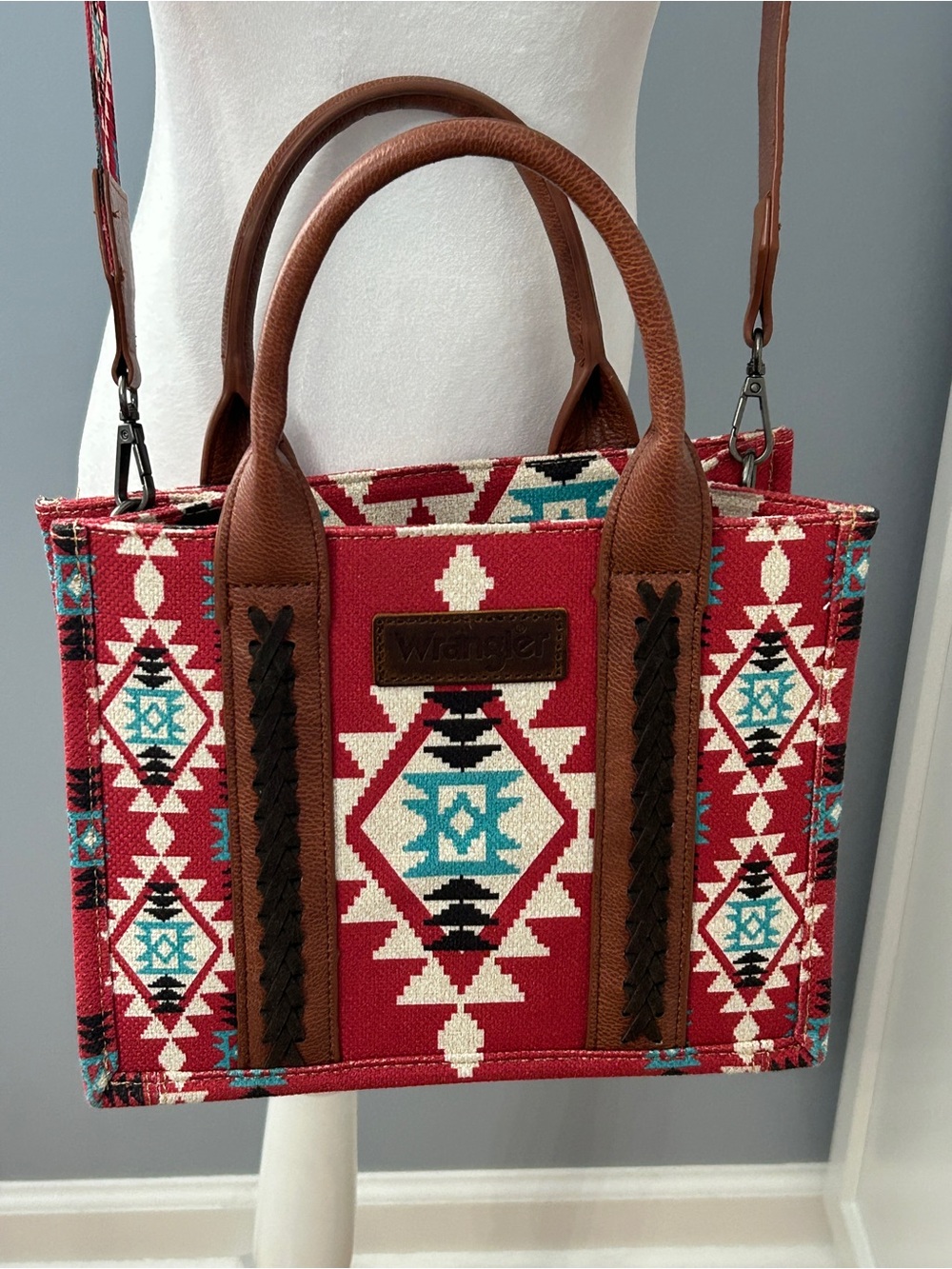 Wrangler Southwestern Aztec Geometric Tote Crossbody Bag Red Teal Guitar Strap